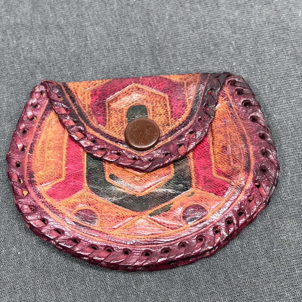 Boho Women Coin Pouch Hand Tooled VTG Leather Geometric Whipstitch Small Wallet